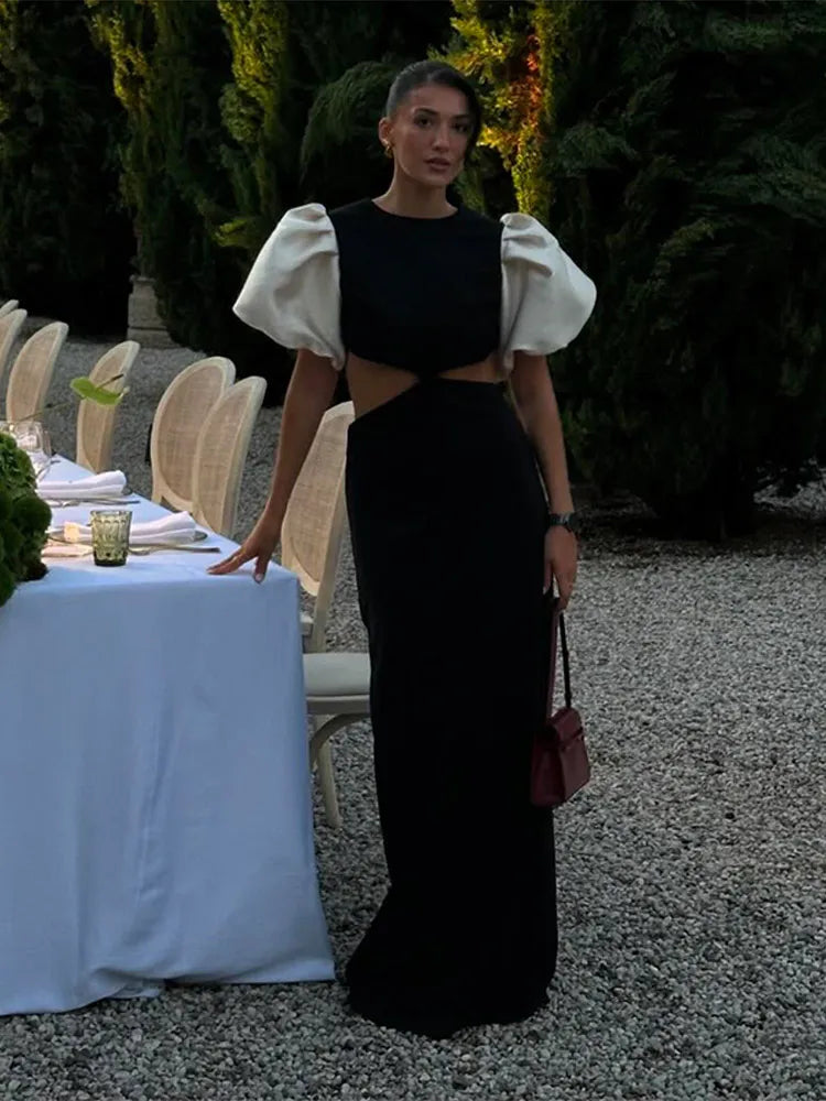 Elegant Puff Sleeve Hollow Out Waist Dress