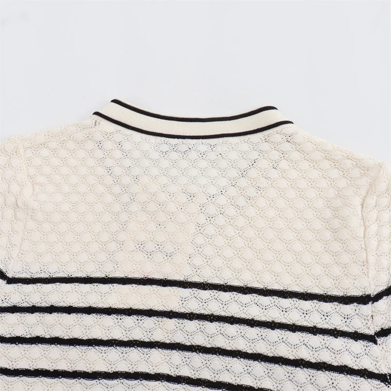 Round Neck Stripes Short Woolen Sweater Top Half Length Skirt Set