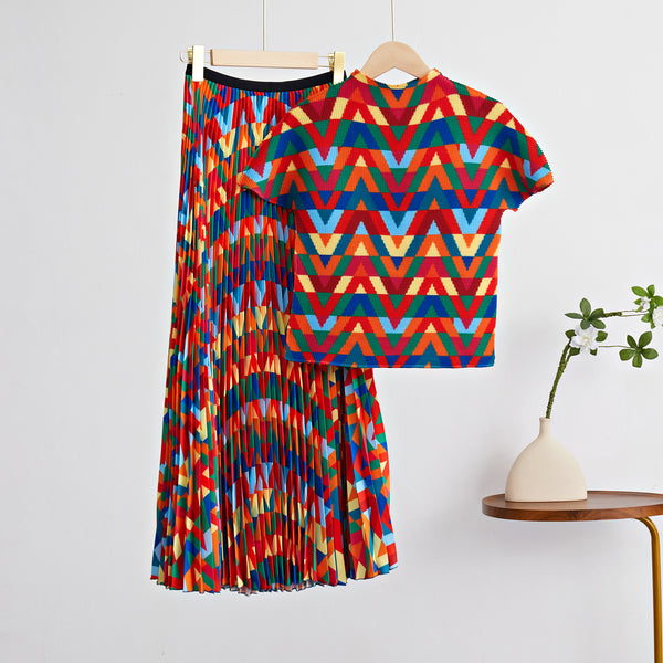 Pleated Style Long Pleated High Grade Pleated Half Skirt + Printed Top