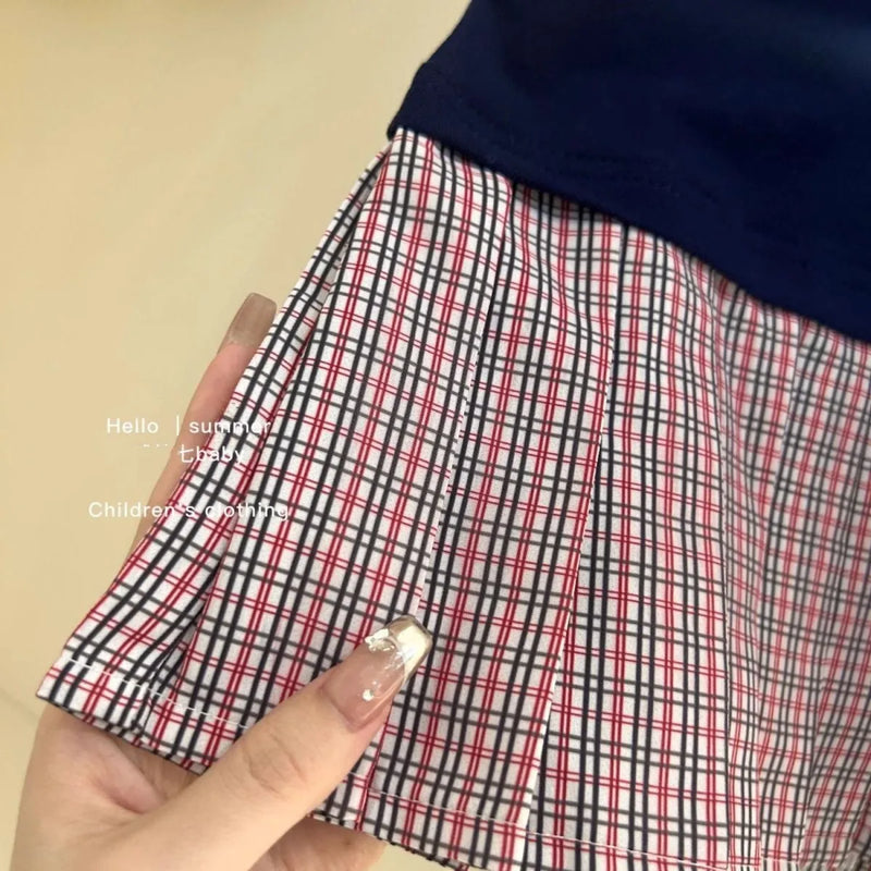 Tank Top Polo Collar Grid pleated Princess Dress