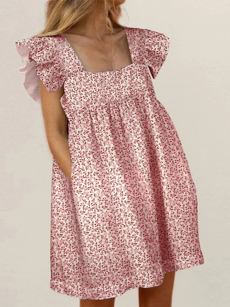 Elegant Butterfly Ruffled Summer Square Collar Pocket Dress