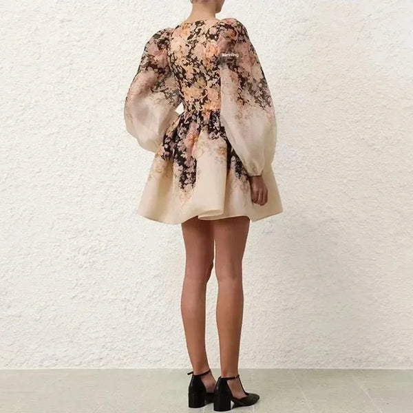 Floral Lantern Sleeve Short Autumn French Style Dress