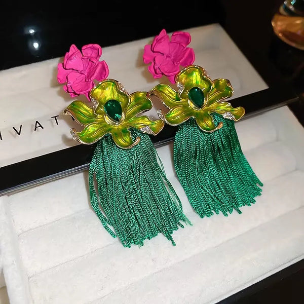 Flower Exaggerated Long Tassel Earrings