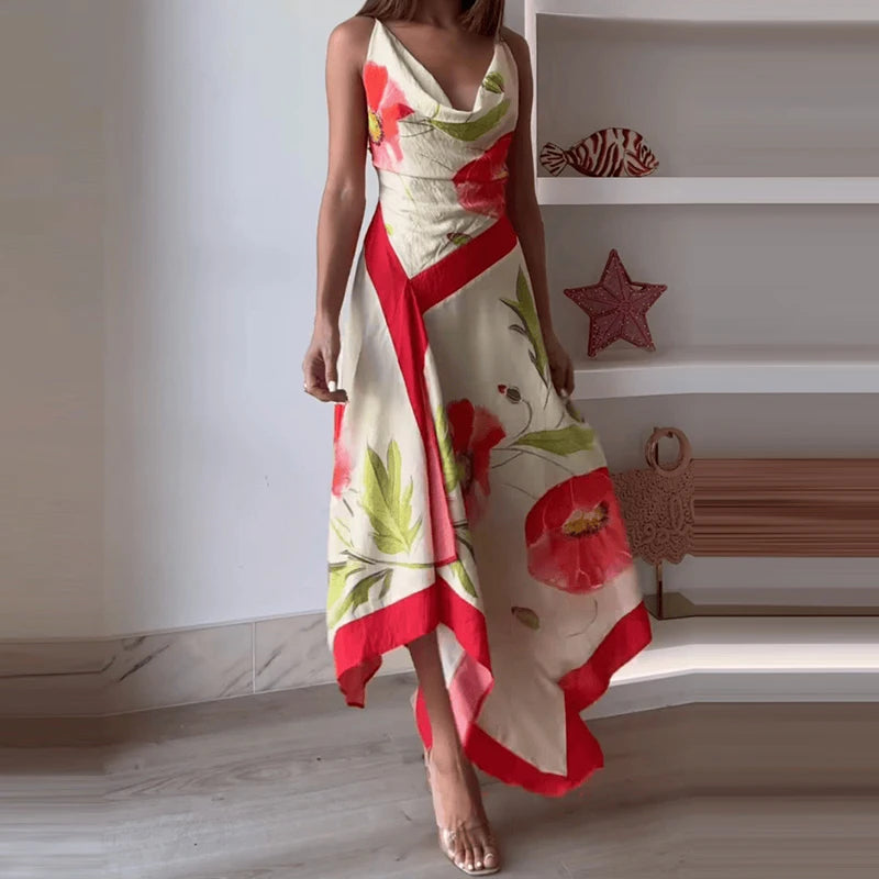 V- Neck Irregular Backless Halter Dress