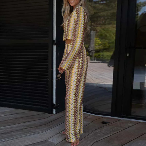 Striped Crochet Hook O Neck Top Pullover And High Waist Pants