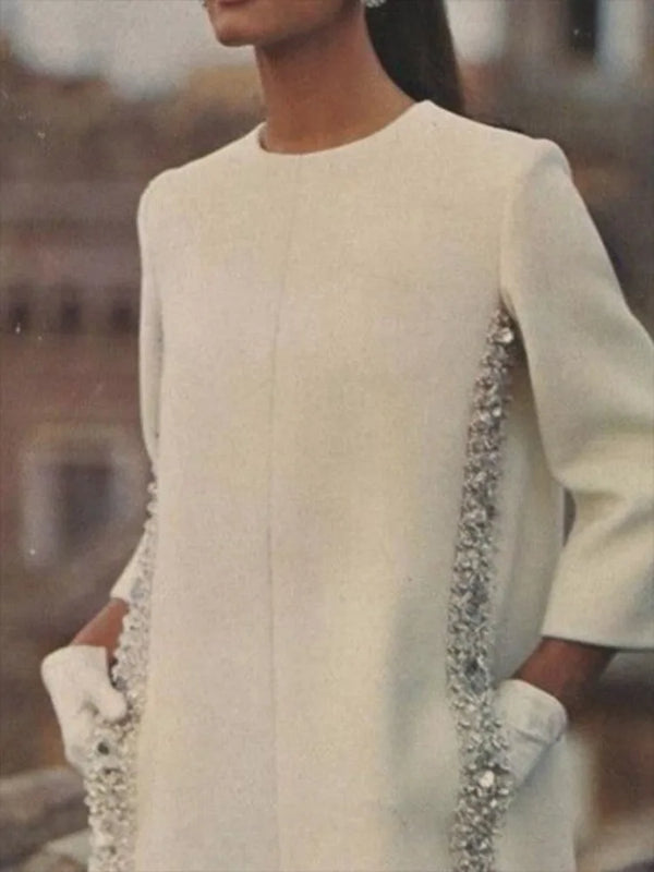 Sequined Mini Dress Loose Zipper Pocket Round-neck White