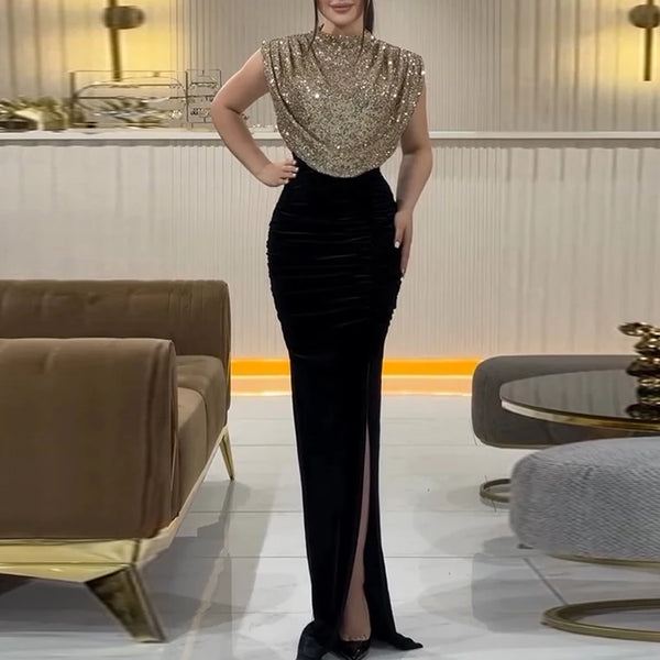 Sequins Stitching O Neck High Slit Long Dress