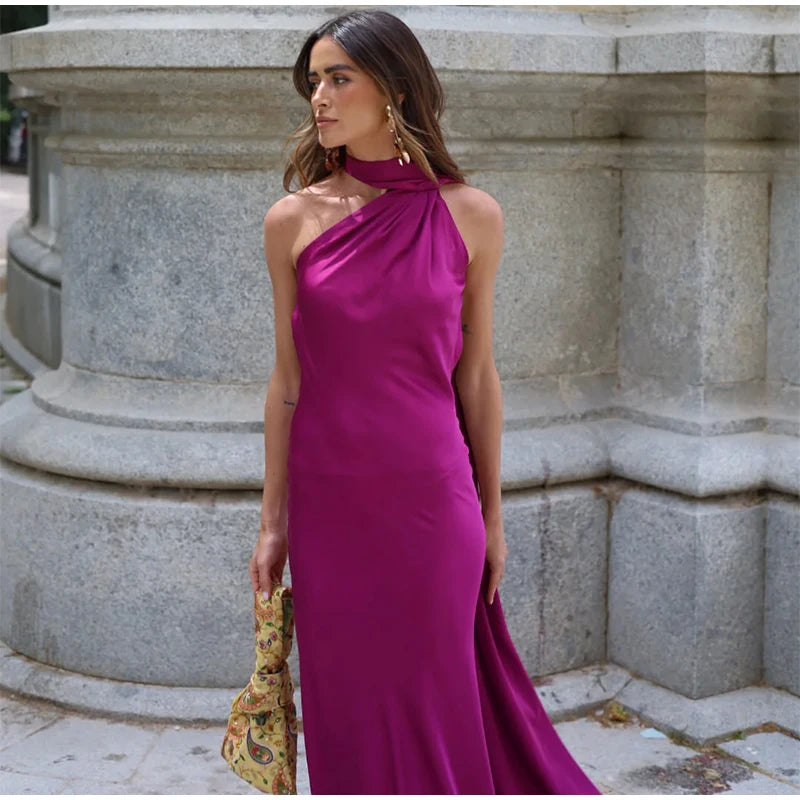 Elegant Solid Ribbon Off Shoulder Sleeveless Backless Slim Dress