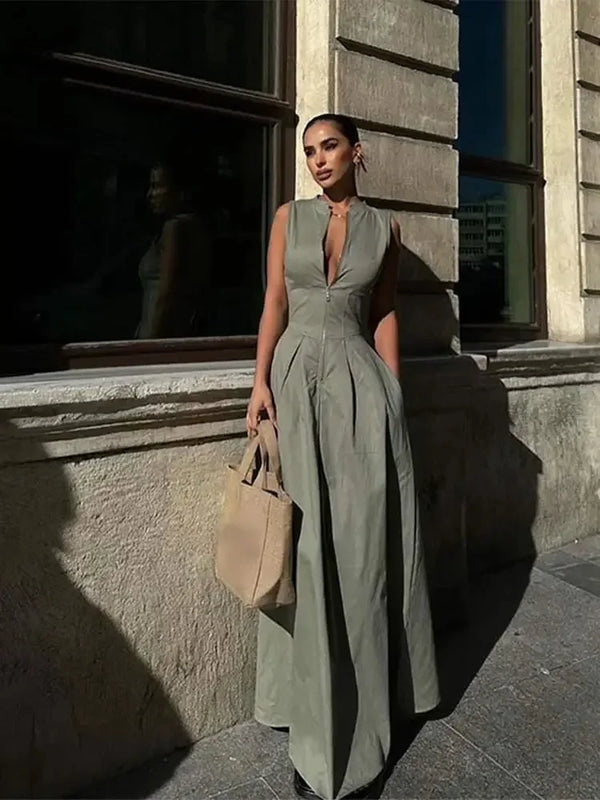 Sleeveless Pleated Slim Elegant Solid Half Zipper A-line Dress