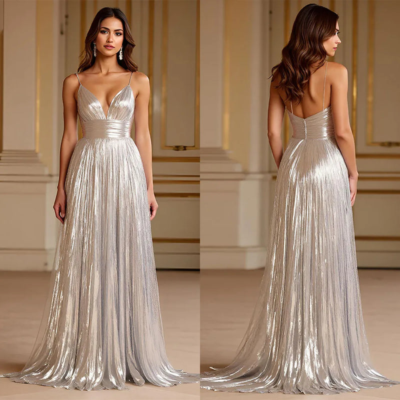 Elegant V-neck Pleat Sweep Train Sleeveless Thin Suspenders Dress
