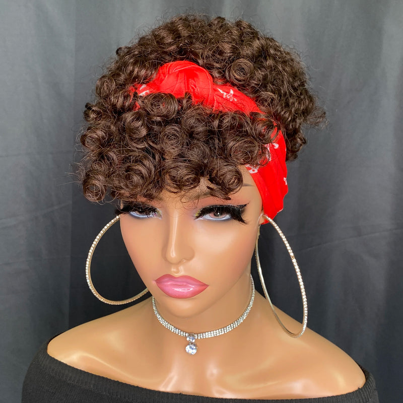 Burgundy Short Curly Headband Wig 100% Human Hair Pixie Cut Wig