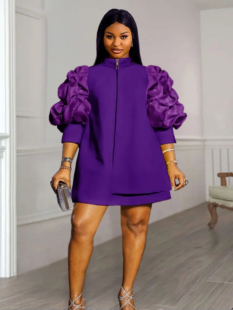 Elegant Lady Loose Purff Zipper Up Long Sleeve Mini Dress