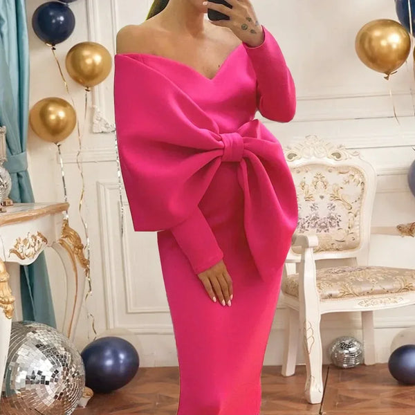 Deep V Bow High-waisted Slit Long Dress Butt Wrap