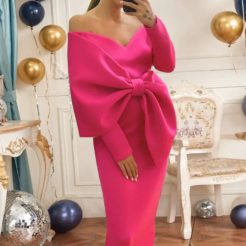 Deep V Bow High-waisted Slit Long Dress Butt Wrap