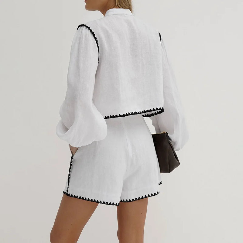 Elegant Round Neck Long Sleeved & High Waist Shorts