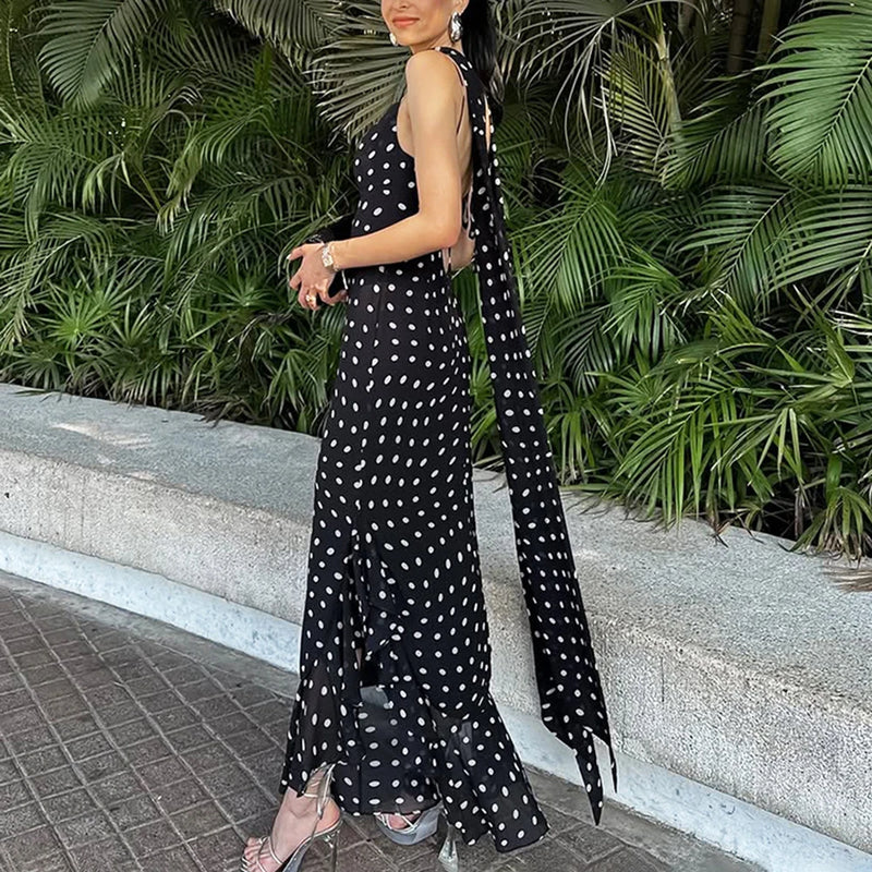 Polka Dot Long Scarf Ribbon Ruffle Halter Pleated Dress
