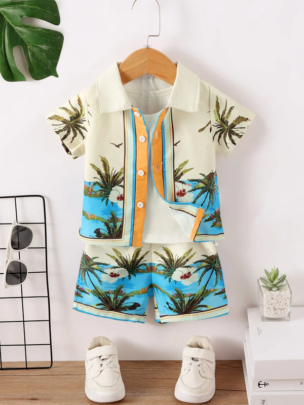 Polo Collar Color Contrast Plant Leaf Print Short Sleeve Loose Pants
