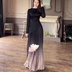 Pleated Long Sleeve High Waist Dress