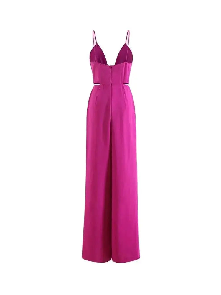 Pleated Wide Leg Jumpsuits, Sexy Backless With Zipper,