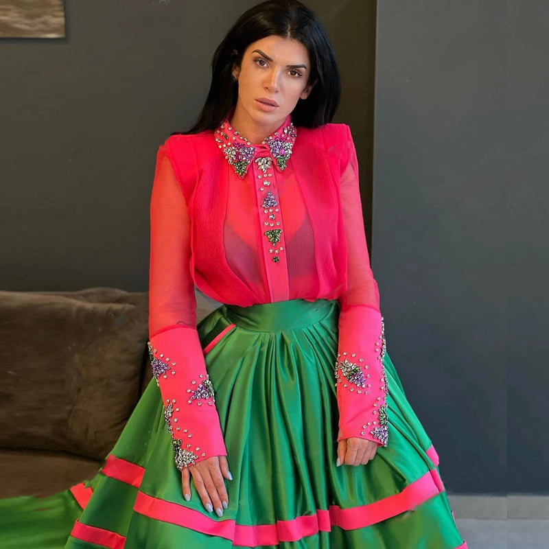 Pink Tulle Blouse Crystals Top Full Sleeves