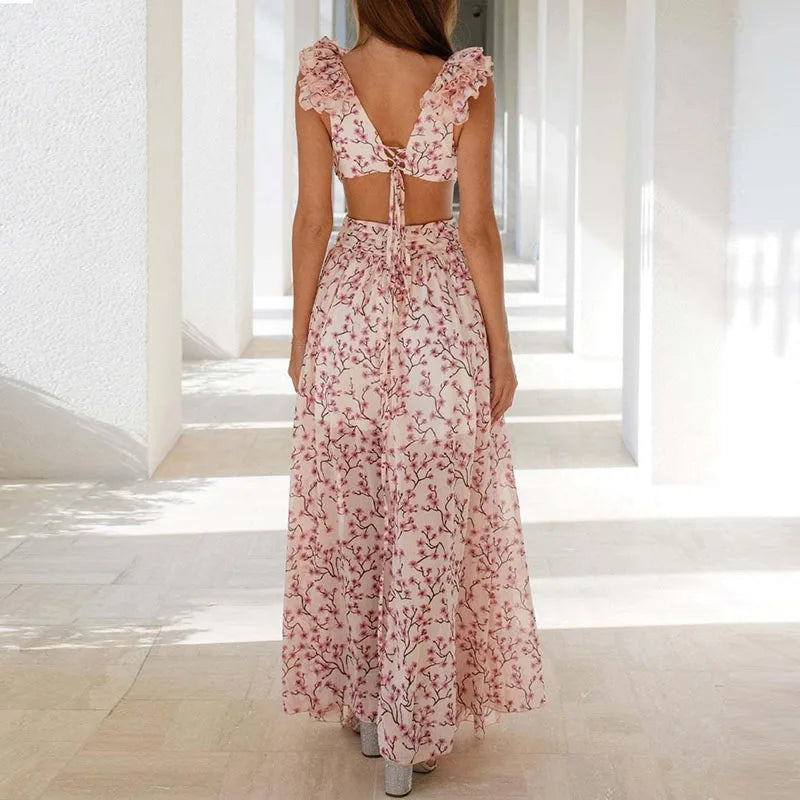 Elegant Floral Shoulder Deep V-neck Long Waist Ruffle Dress