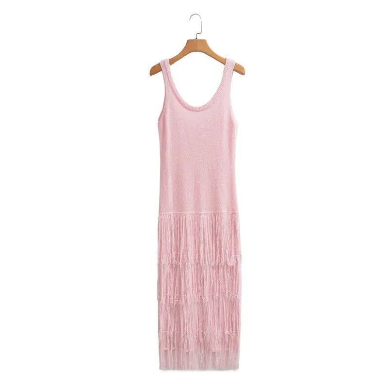 Knitted High Waisted Sleeveless Tassel  Elegant Dress