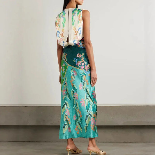 Retro Printed Satin Twisted O Neck Zippers Boho Dress