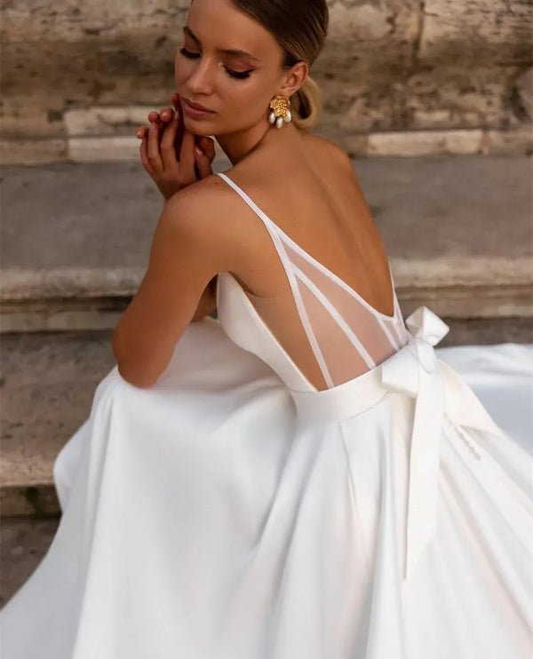Elegant Long V Neck Satin Sleeveless with Bow A Line Dress