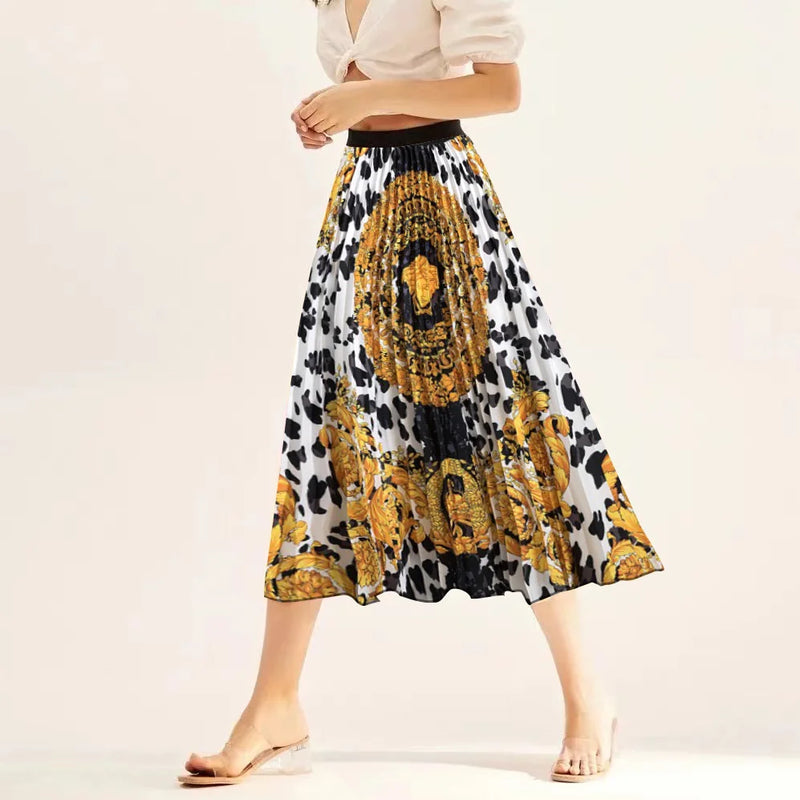 Printed elastic mid length A-line pressed pleated skirt