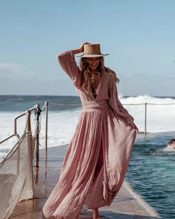 Spring Autumn Lantern Sleeve Holiday V-neck Split Dress