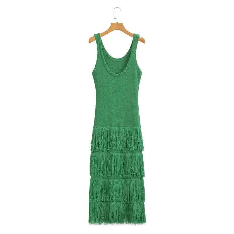 Knitted High Waisted Sleeveless Tassel  Elegant Dress