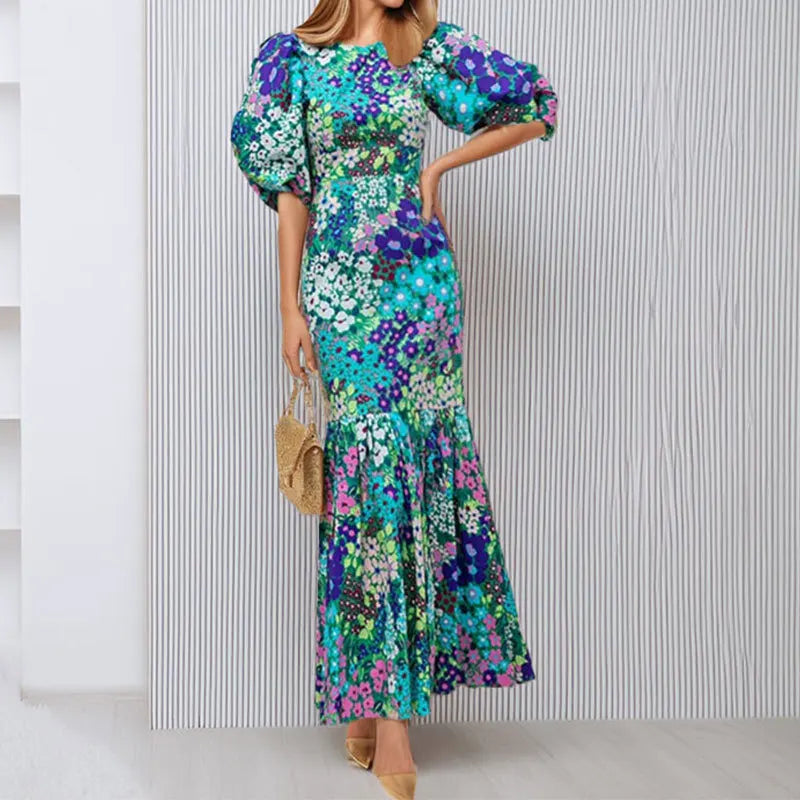Elegant Blue Flower Lantern Sleeve And Ankle Fishtail Dress
