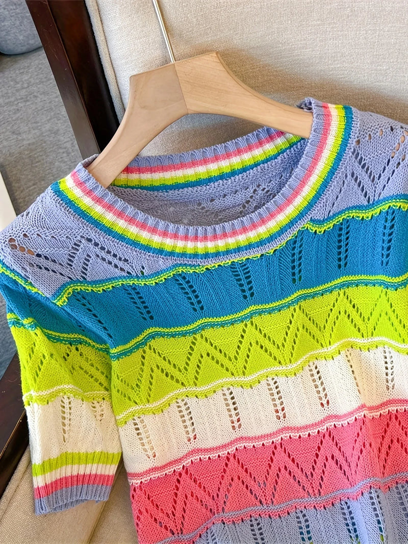 Rainbow Striped T-shirt Casual Crew Neck Short Sleeve