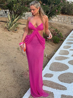 Ruched Coquette V Neck Cross Backless Sleeveless Ruffles Long Dress