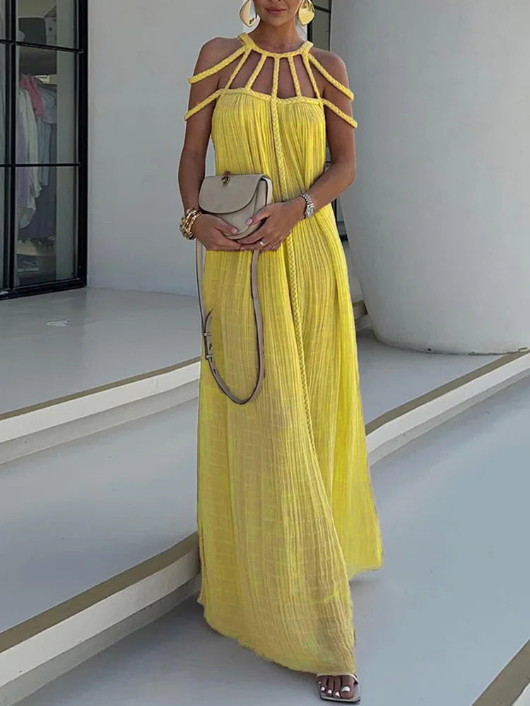 Beach Style Sleeveles Summer Hollow Out O-Neck Dress