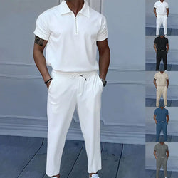 Summer Men's solid color suit lapel short sleeve zipper trouser suit