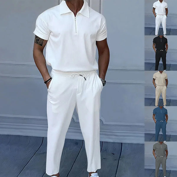Summer Men's solid color suit lapel short sleeve zipper trouser suit