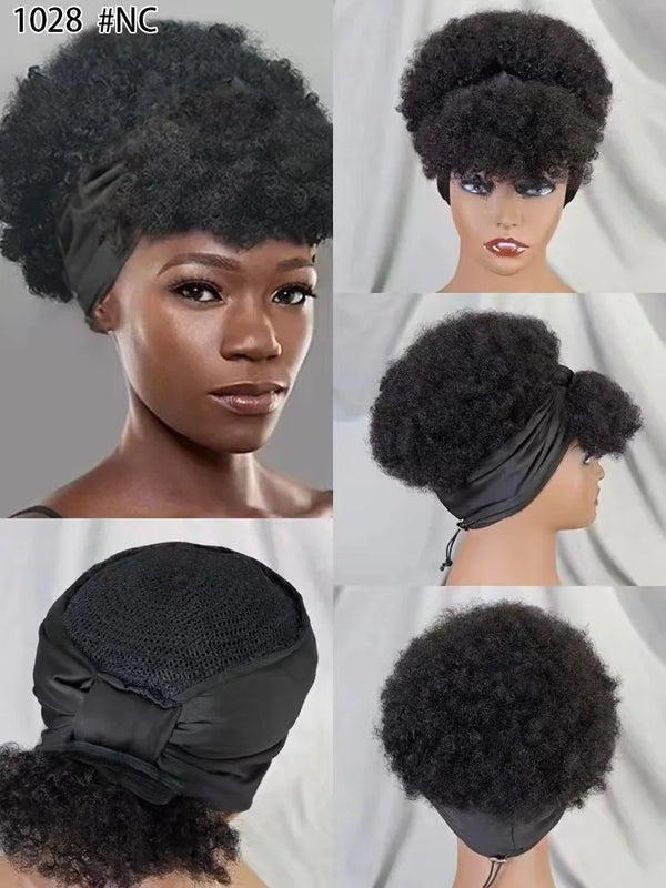 Afro Kinky Curly Scarf Wigs with Bangs Wig Bouncy Curly Human Hair Wig 200%