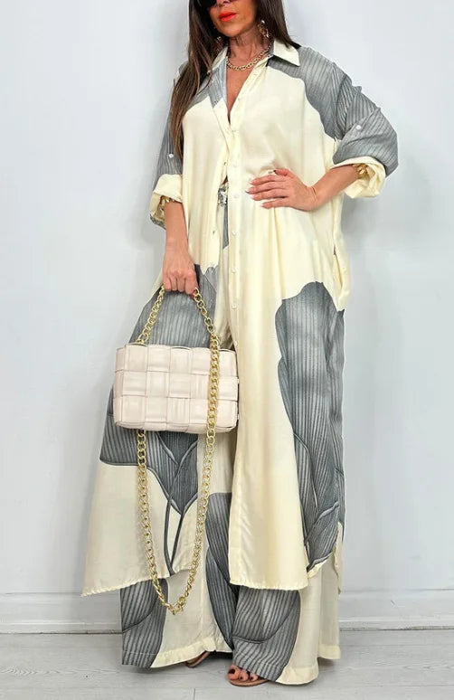 Elegant Printed Long Shirt Top + Wide Leg Pants 2-pieces