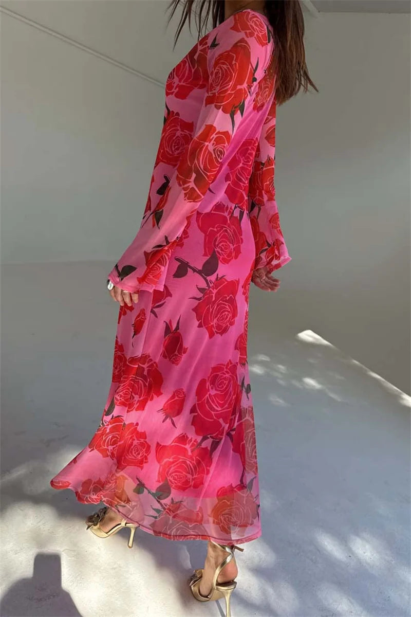 Elegant O Neck Fashion Long Sleeve Slim Patchwork Long Dress