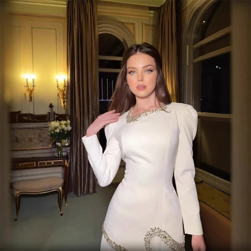 Elegant Rhinestone Long O-neck Full Sleeve Pleated Dress