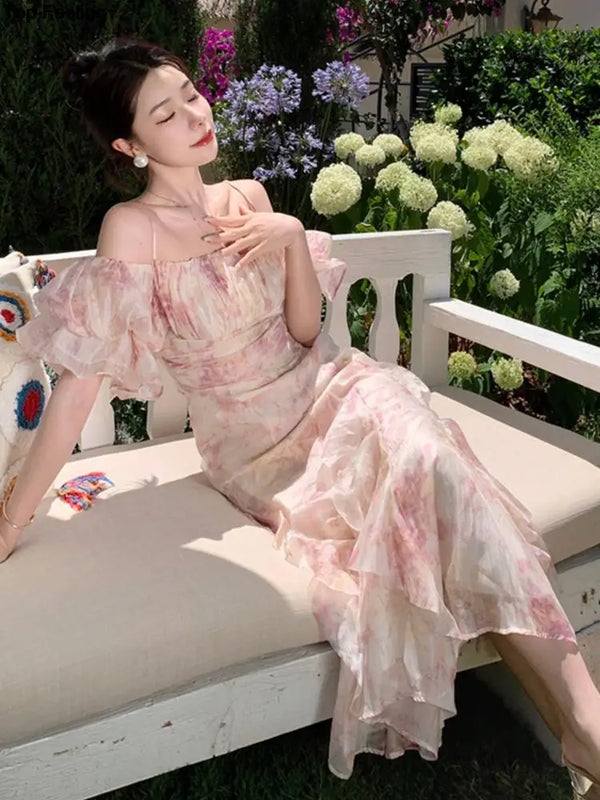Summer Elegant France Vintage Bodycon Ruffles Dress