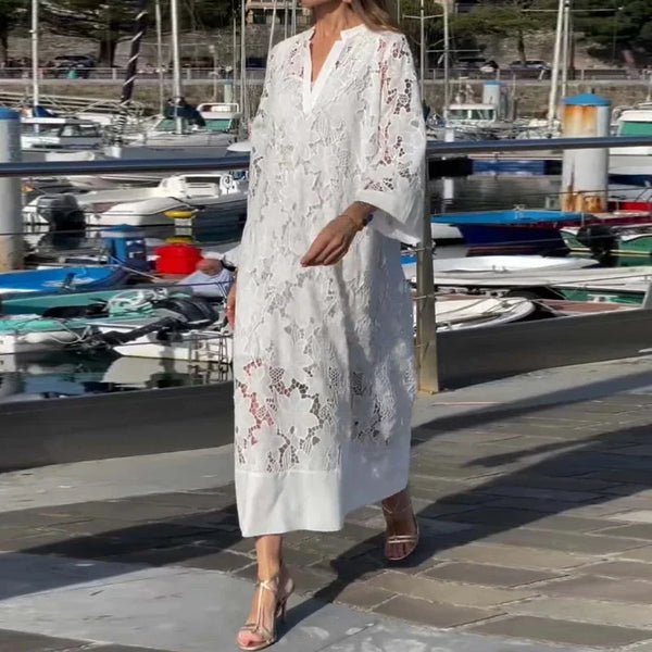 White Lace Hollow Elegant V Neck Dress