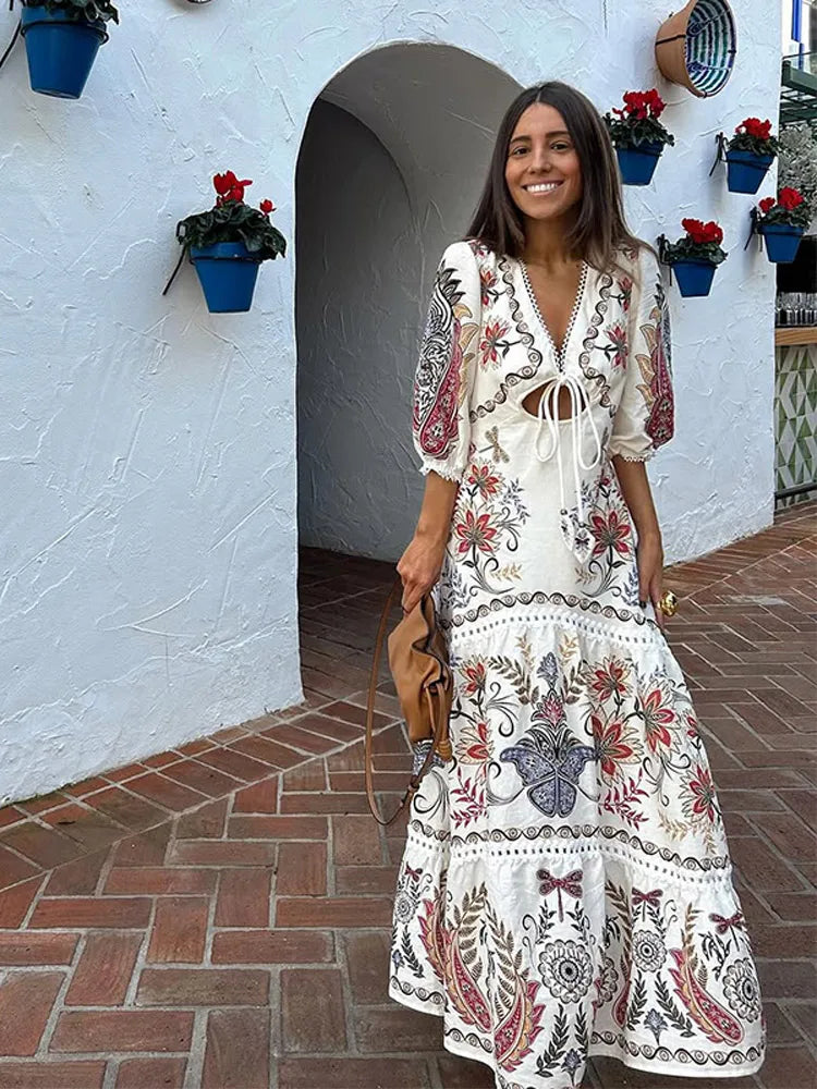 Boho Short Sleeve Round Neck High Waist Slim Fit Maxi Dress