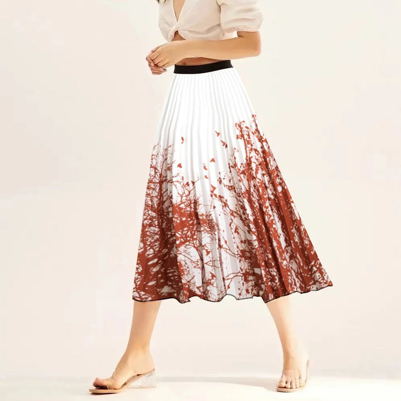 Printed elastic mid length A-line pressed pleated skirt