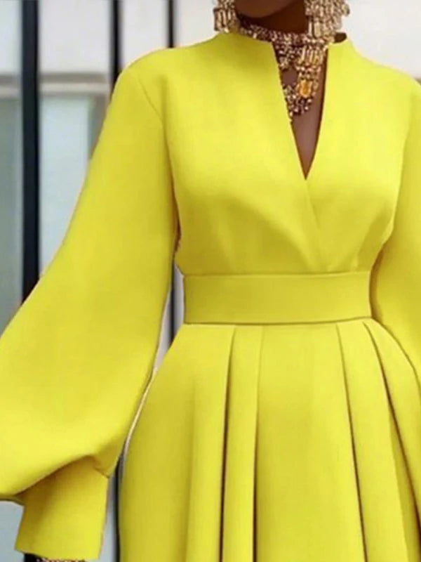 Pleated A-Line Long Sleeves V-Neck Mini Dress