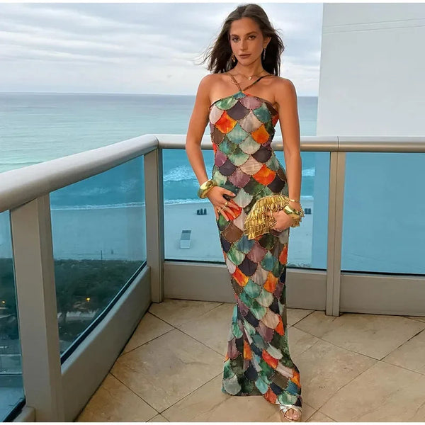 Chic Sequins Scale Bohemian Sleeveless Off Shoulder Halter Neck Long Dress