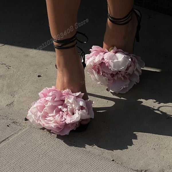Black Big Rose Flower Sandals Lace-up High Heel