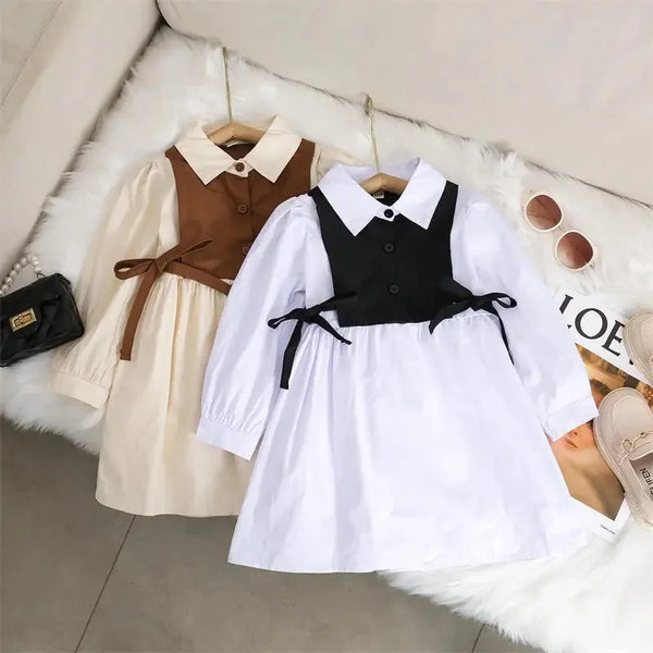 3 To 7 Years Old Long Sleeved Blocked Lapel Button Dress