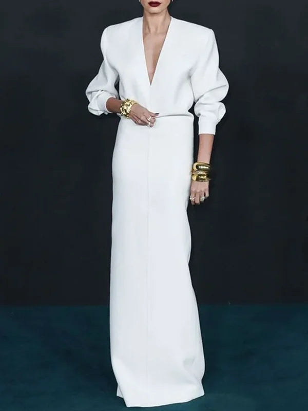 Deep V White Long Sleeve Casual Simple Evening Dress